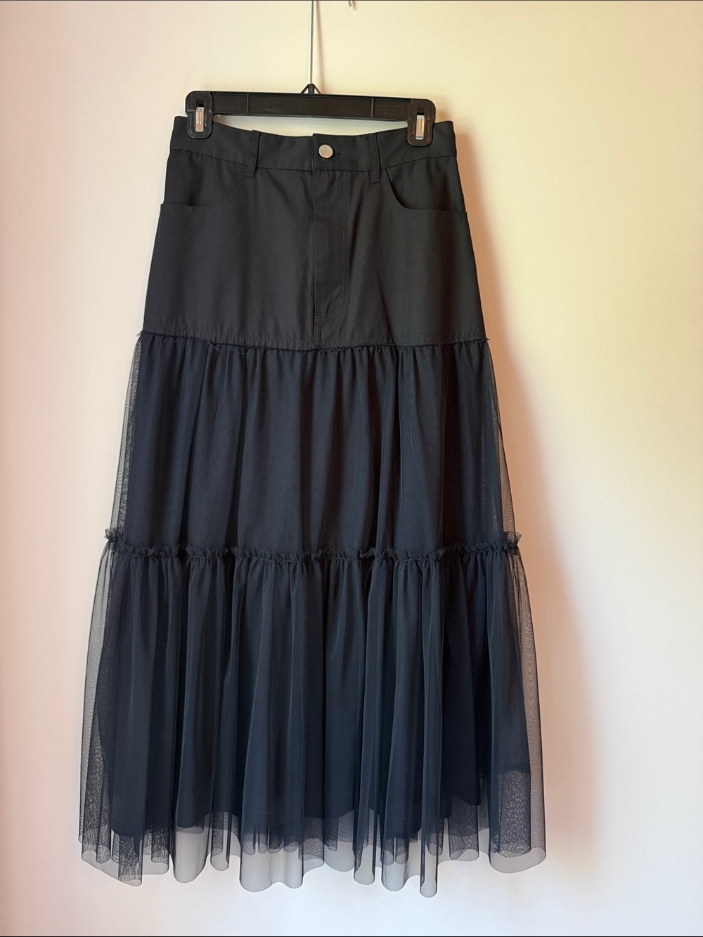 Women's Black Tiered Mesh Maxi Skirt